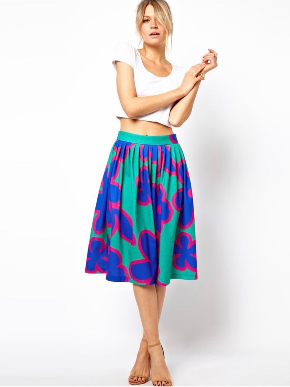Vibrant ASOS Floral Midi Skirt in Teal, Blue & Pink